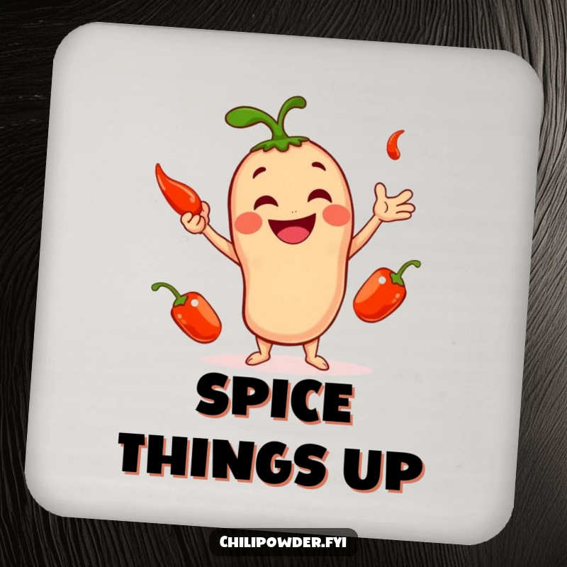 Funny drink coaster featuring a smiling chili powder character juggling three playful red peppers, protecting surfaces with humor.