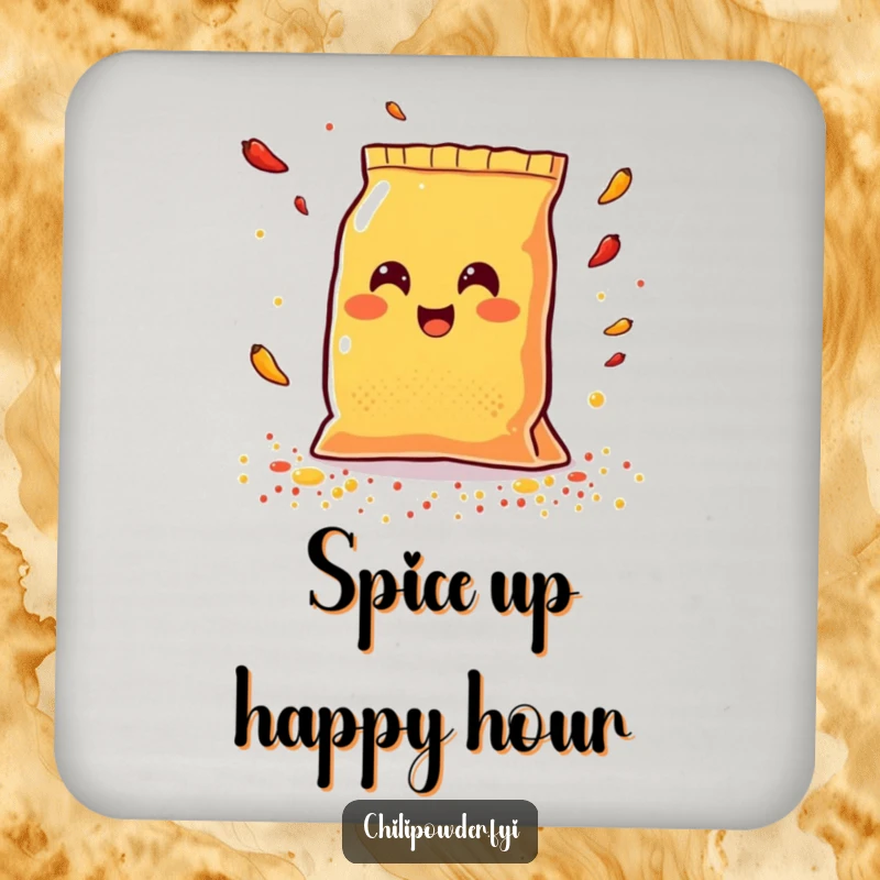 Funny Kawaii chili powder bag smiling joyfully while scattering colorful spices, a humorous and protective drink coaster.