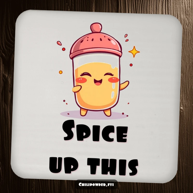 Funny, winking chili powder shaker character featured on coasters, protecting surfaces with a playful and spicy design.