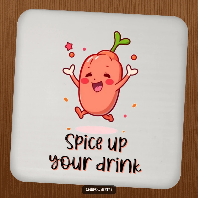Funny Kawaii chili powder character leaping with a spice puff on a drink coaster, a miniature humorous artwork.