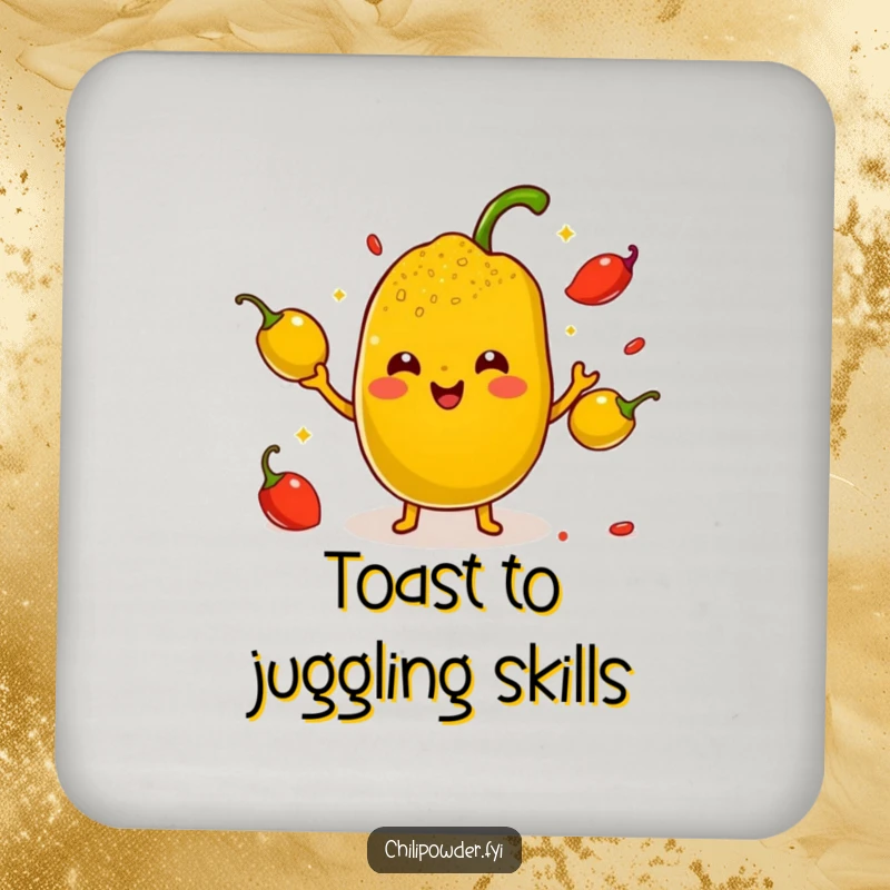 Funny Kawaii Chili Powder Coaster - A cute cartoon chili powder character juggling small smiling peppers with tiny arms, perfect for spicy home decor.