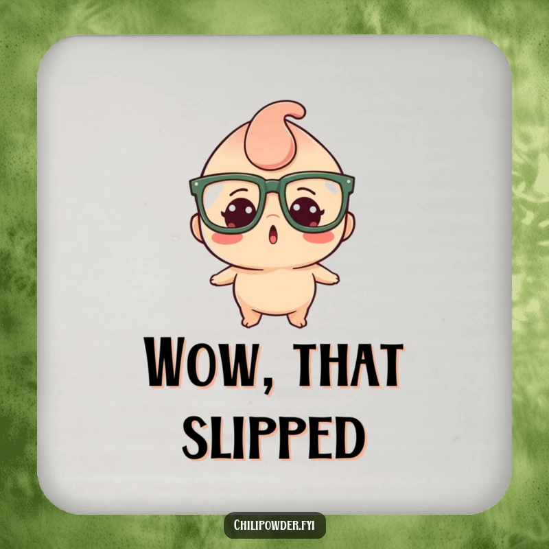 Funny drink coaster featuring a kawaii chili powder character in oversized glasses, showing a comically surprised expression.