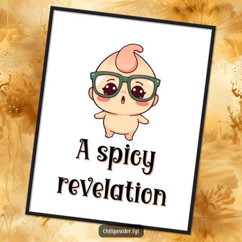 Funny poster art of a kawaii chili powder character wearing ridiculously large glasses, caught in a moment of comical surprise.