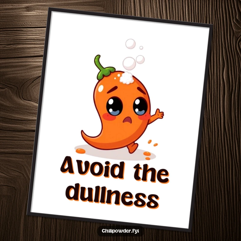 Funny chili powder character with wide, surprised eyes dodges a falling salt shaker, depicted as humorous wall art.