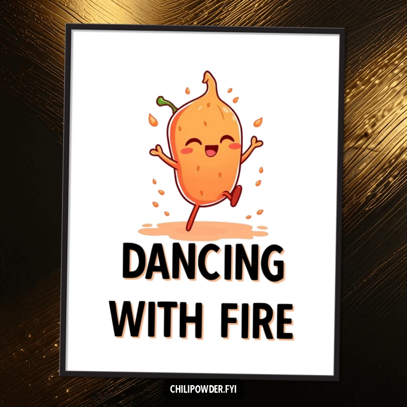Funny poster of a chili powder character with tiny legs performing a fiery dance, adding a spicy and humorous touch.