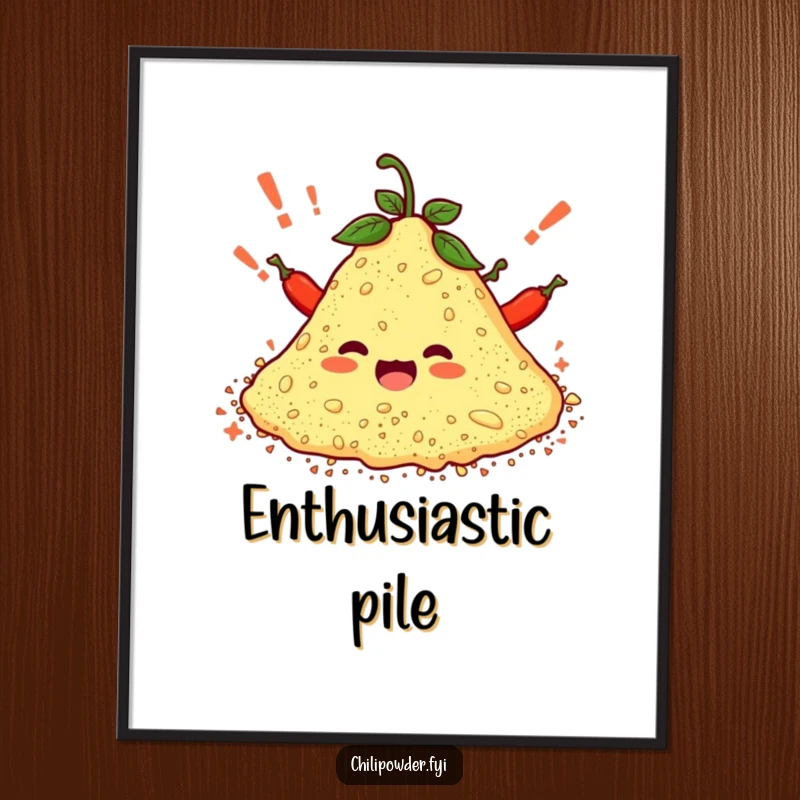 Funny poster art of a pile of chili powder joyfully cheering with tiny exclamation marks, a symbol of spicy enthusiasm.