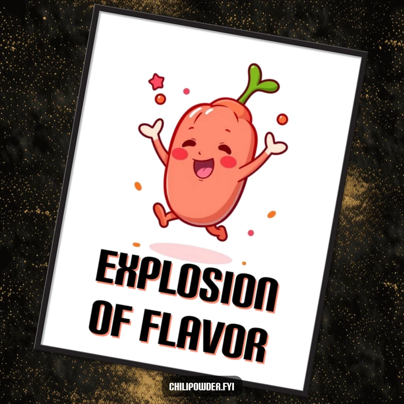 Funny Kawaii chili powder character celebrating with a spicy leap and puff, illustrated as a humorous wall art print.