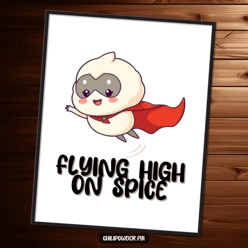 Funny chili powder puff hero, cape billowing, flying through the air, presented as a dynamic poster print.