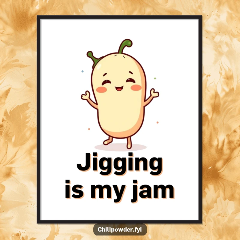 Funny poster art print of a chili powder character performing a happy jig, adding a touch of playful energy and spice-themed comedy.