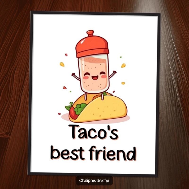 Funny chili powder shaker with tiny legs, joyfully sprinkling spice on a taco, adding zest to wall art.