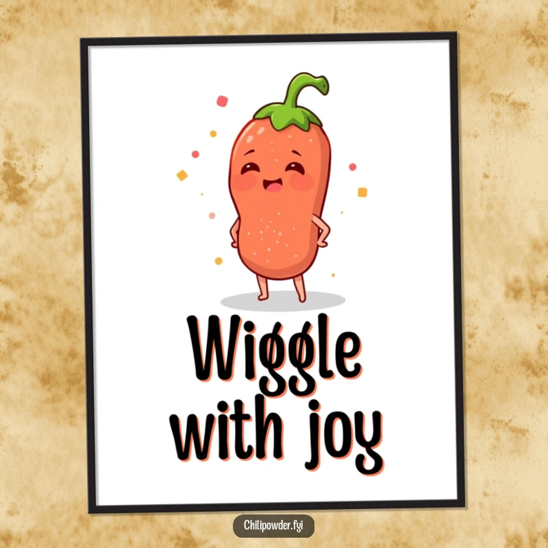 Funny poster art of a chili powder sprinkle joyfully wiggling its hips, capturing a moment of spice-fueled merriment.