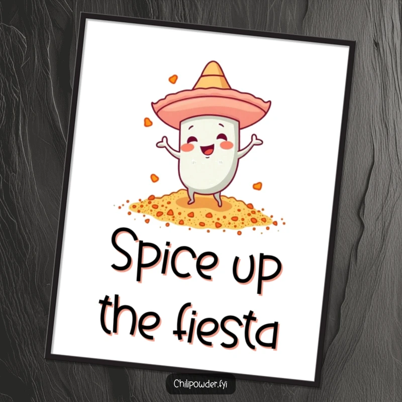 Funny chili powder poster of a character with a tiny sombrero dancing energetically, perfect for festive wall decor.