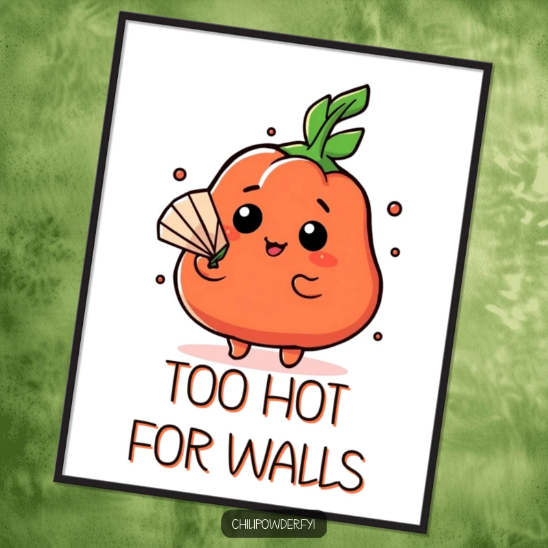 Funny Kawaii chili powder character fanning itself dramatically with a leaf on a humorous poster, expressing intense heat.