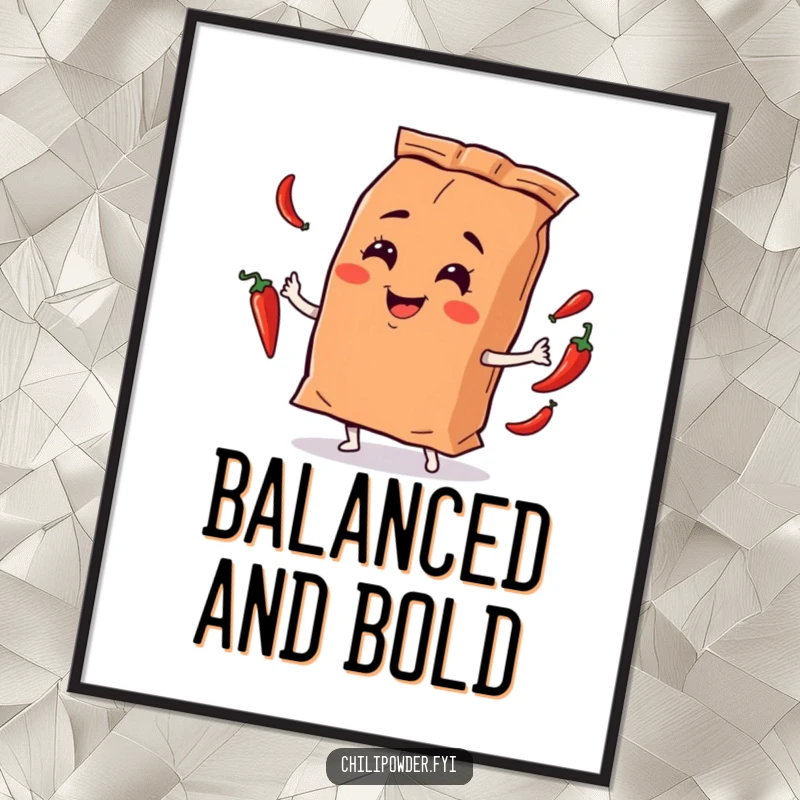 Funny chili powder bag character juggling mini chili peppers with a playful smirk, as a poster, bringing dynamic and humorous art.