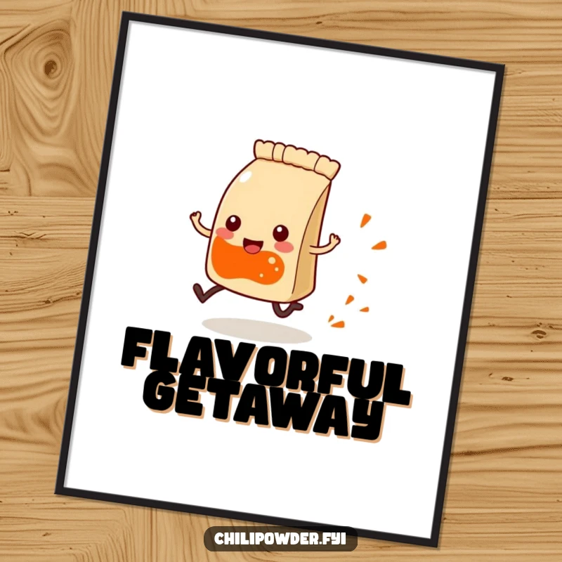 Funny Kawaii chili powder pouch with tiny legs, running happily and leaving a spice trail, humorous wall art.