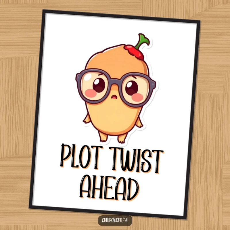 Funny Kawaii Chili Powder Poster: An adorable, surprised kawaii chili character wearing oversized glasses, adding humor to wall art.