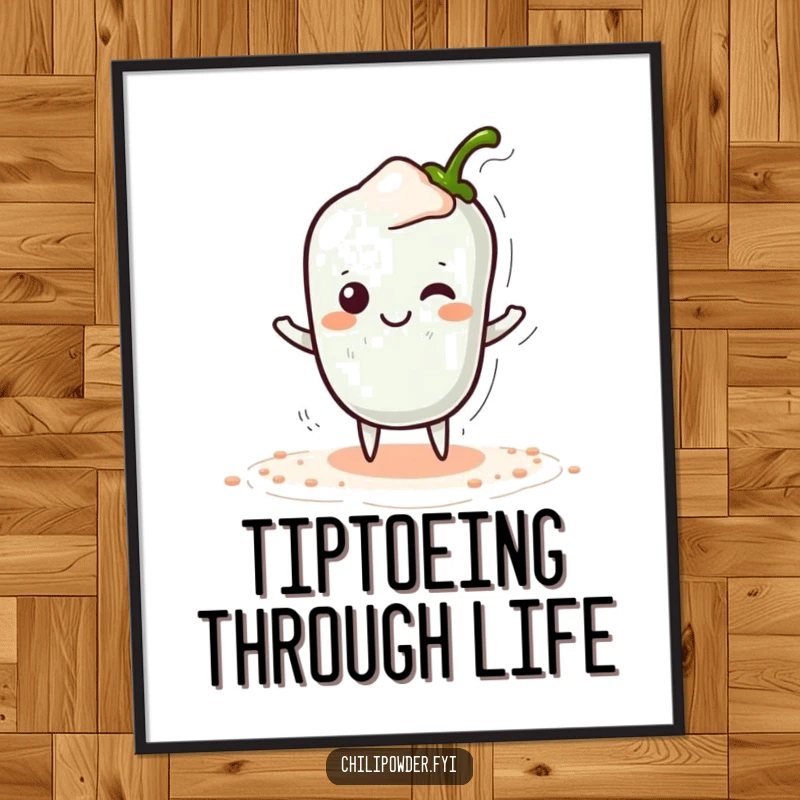 Funny Kawaii Chili Powder Poster - A cute cartoon chili powder character tiptoeing sneakily with a hidden smile, perfect for playful wall decor.