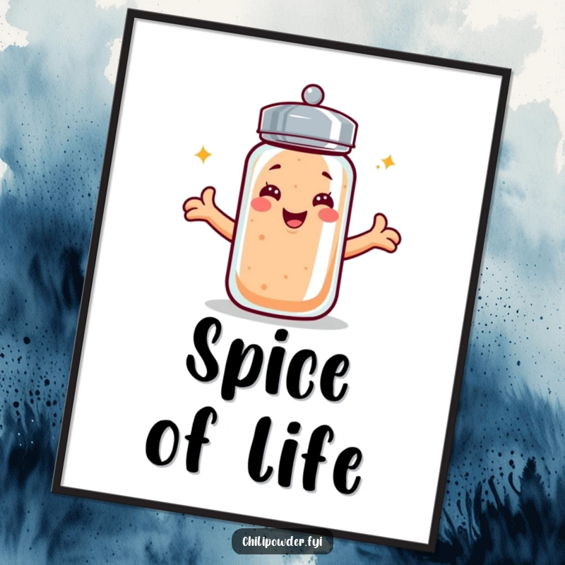 Funny kawaii chili powder shaker poster, smiling with arms open wide, bringing warmth and cheer to any wall space.