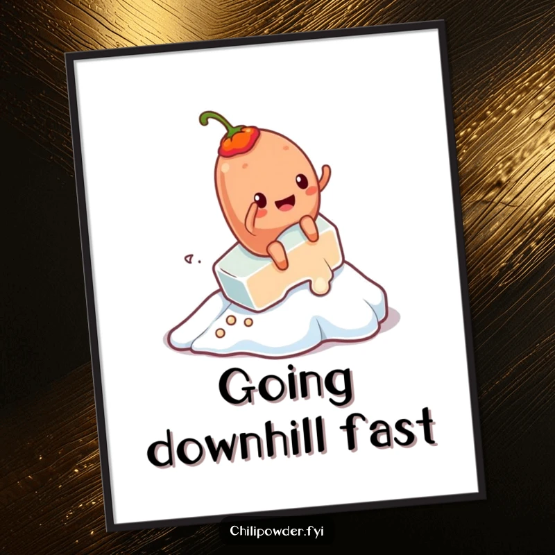 Funny Kawaii chili powder character exhilarated on a melting ice cube, a humorous and colorful poster print.