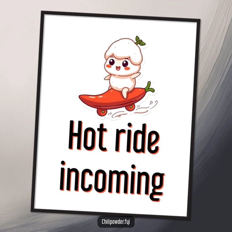 Funny chili powder puff masterfully riding a rolling pepper as a surfboard, depicted in a vibrant poster print.