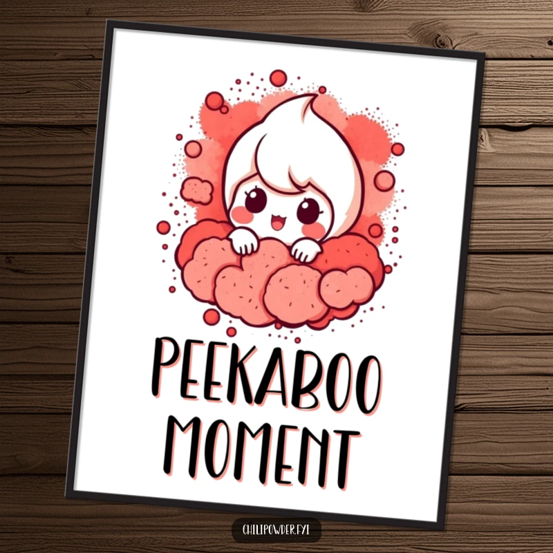 Funny Chili Powder Peek Poster: A chili powder character peeking from a cloud of red powder, ideal for mysterious and humorous wall art.
