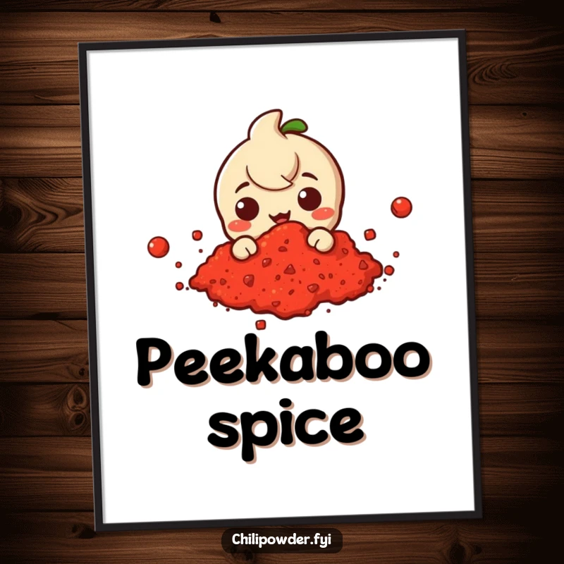 Funny poster art of a chili powder character playfully peeking from a vibrant, swirling cloud of red chili powder.