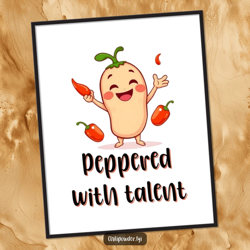 Funny poster art of a smiling chili powder character in mid-air, juggling three small, red peppers with a cheerful expression.