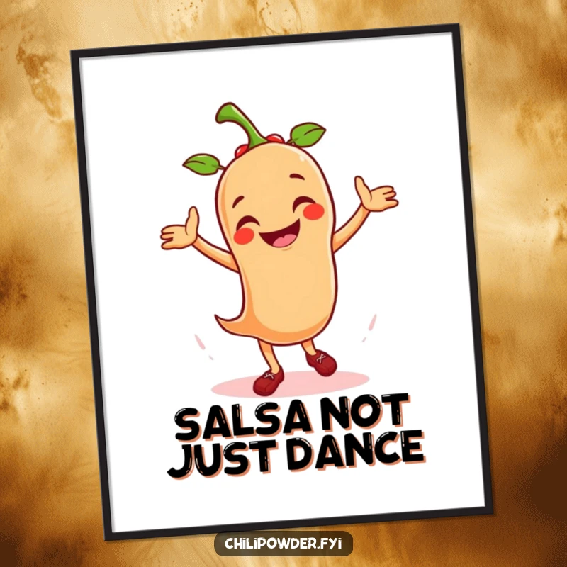 Funny poster of a grinning chili powder mascot in mid-salsa dance, adding a dynamic, spicy flair to wall decor.