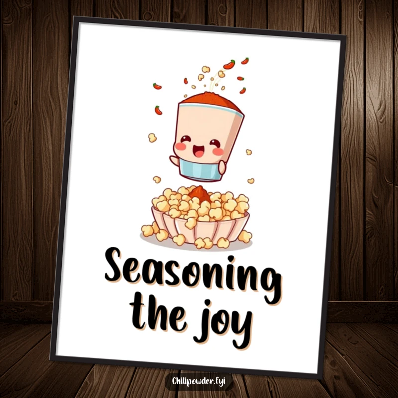 Funny poster art of a chili powder sifter joyfully adding spices to popcorn, a vibrant depiction of snack seasoning.