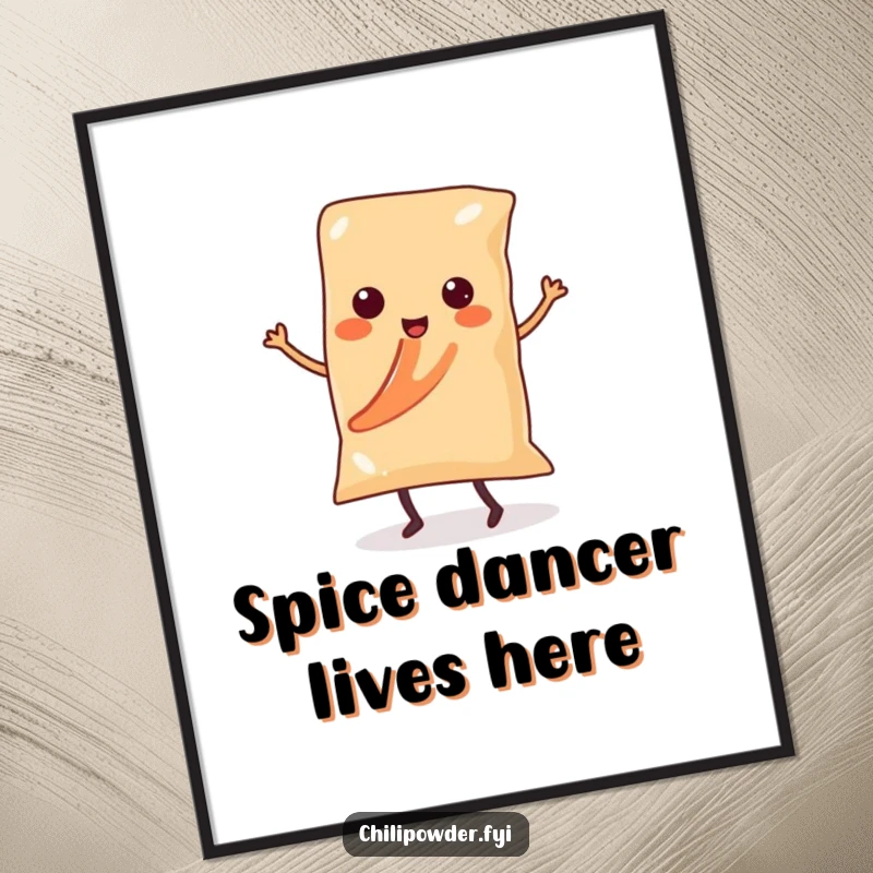 Funny Kawaii chili powder bag character with legs doing a salsa dance, bringing lively and spicy vibes to wall art.