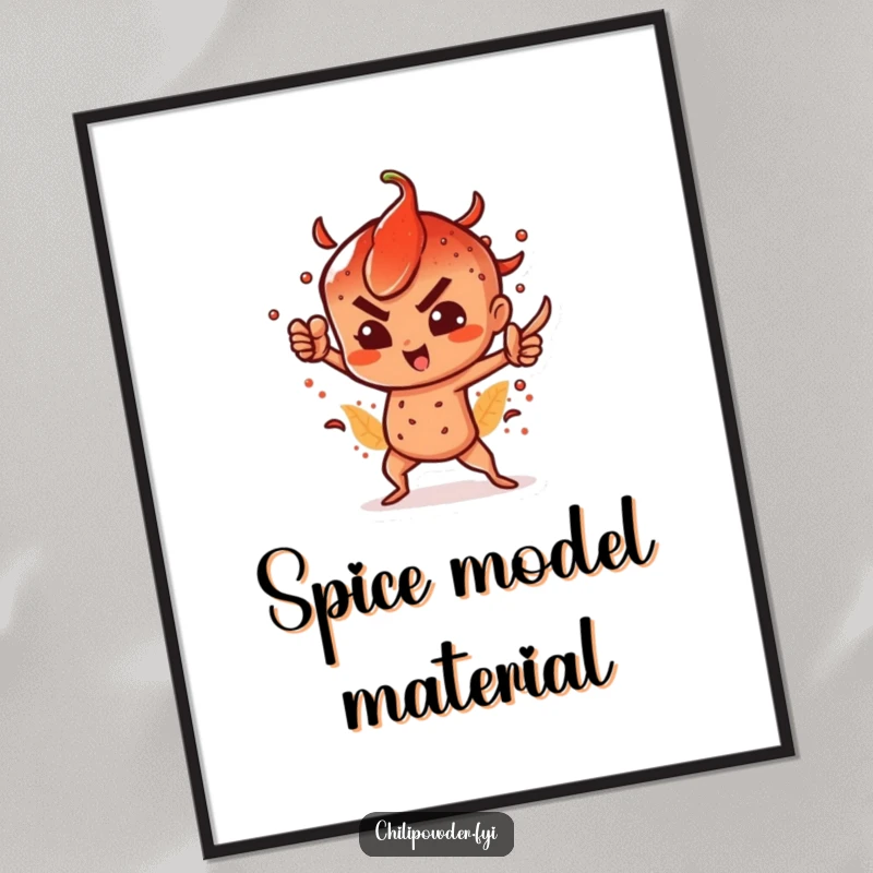 Funny poster art of a chili powder character in a striking, dramatic, and spicy pose, embodying confidence and heat.