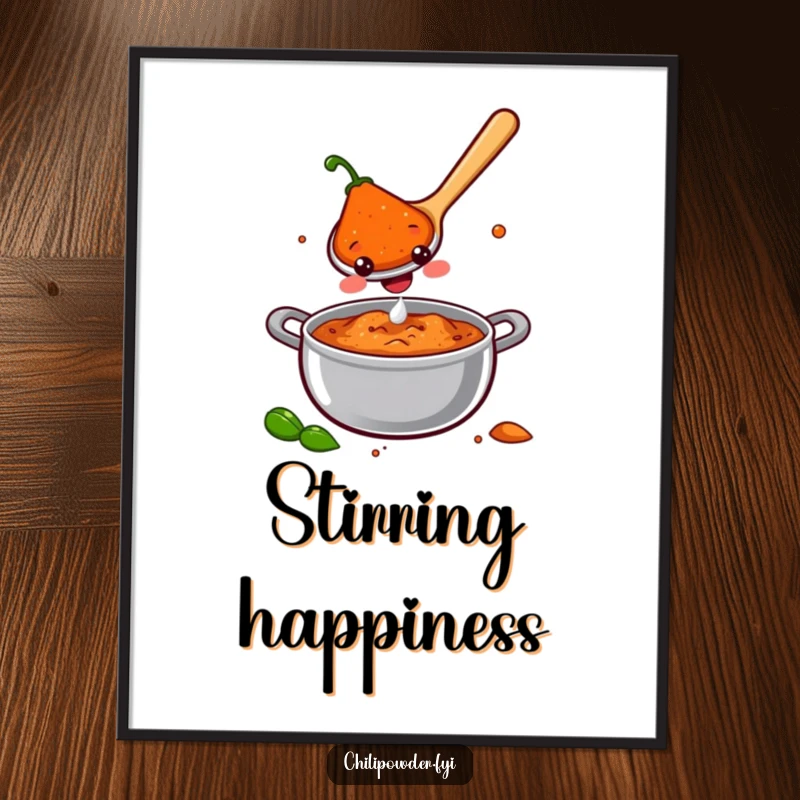 A smiling chili powder spoon stirring a pot of joy, on a poster that brings cheerful and humorous vibes to any space.