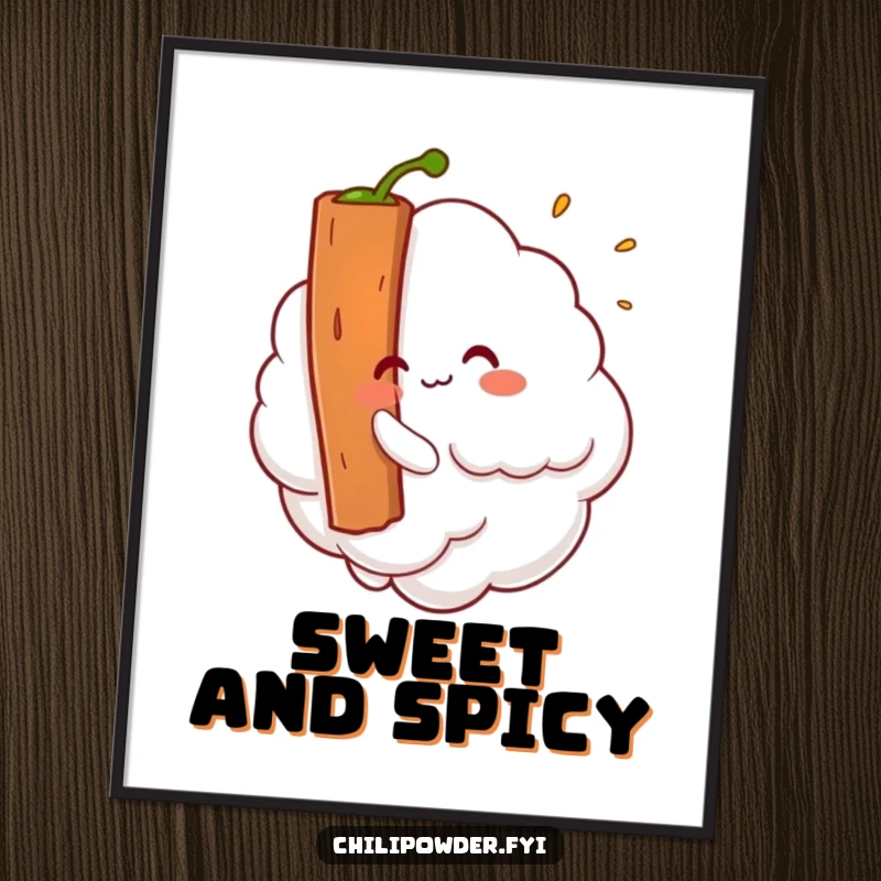 Funny Kawaii chili powder cloud tickling a cinnamon stick, a delightful and humorous poster.