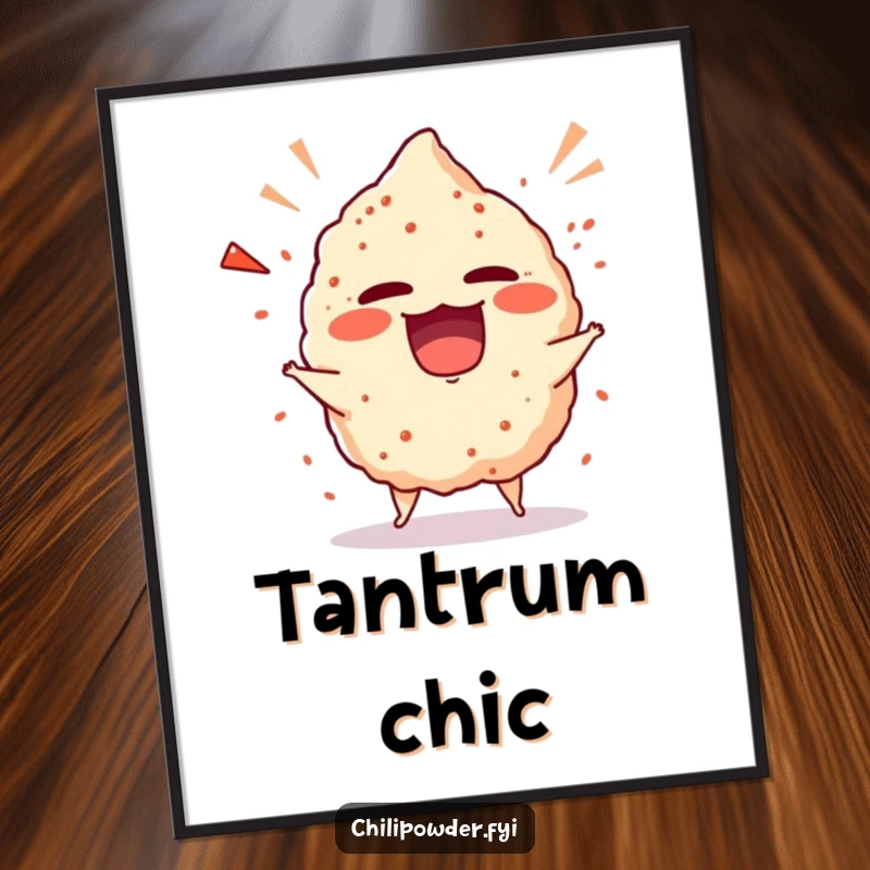 Funny chili powder puff in a comical, giggling tantrum, depicted as a lively art print for walls.