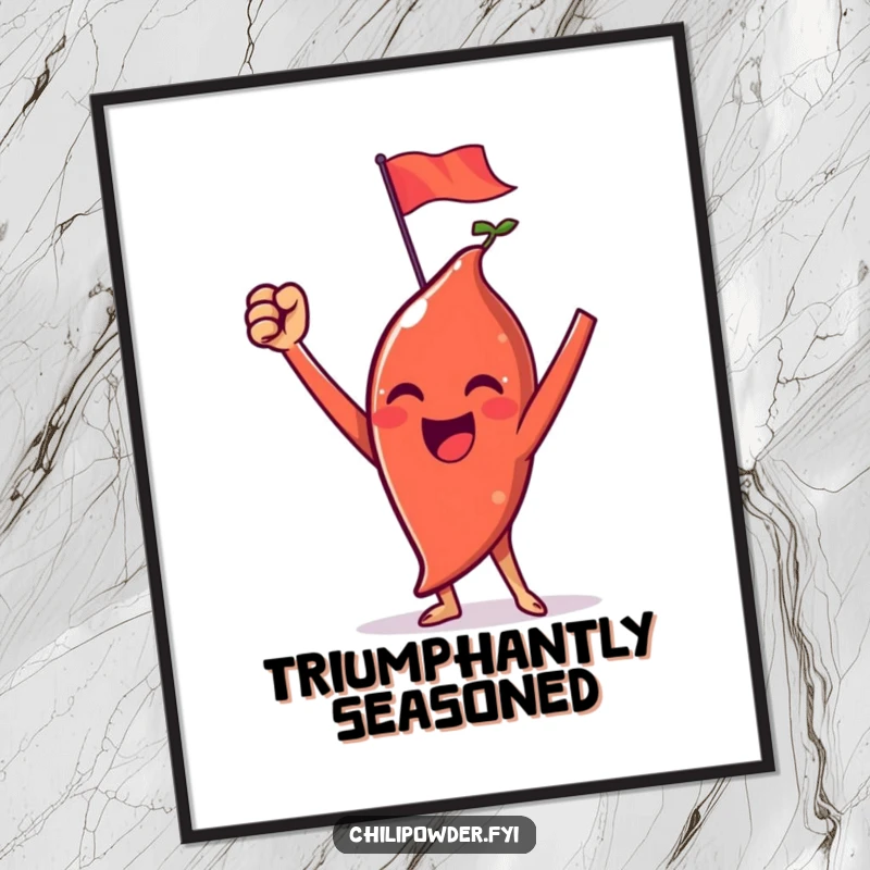 Funny chili powder poster depicting a character celebrating triumph with raised arms and a tiny flag, perfect for decor.