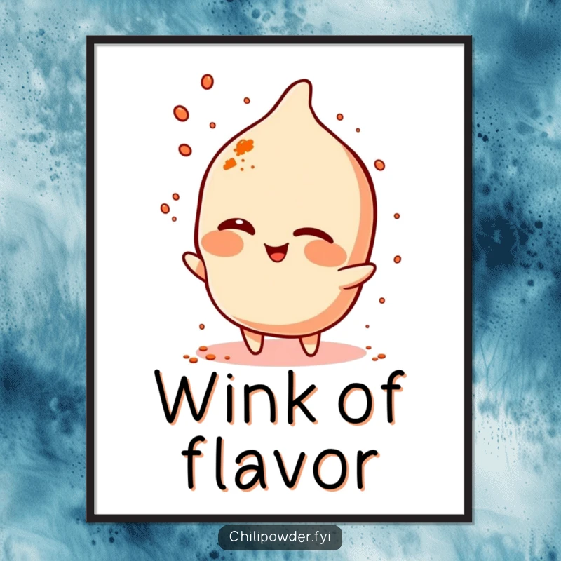 Funny chili powder character winking and sprinkling spice on a vibrant poster, adding playful decor.