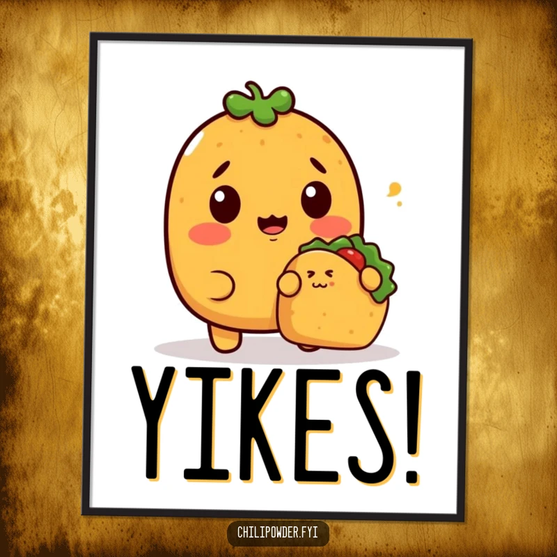 Funny Poster of a surprised kawaii chili powder character looking shocked as a tiny taco sneaks up, perfect for humorous wall decor.
