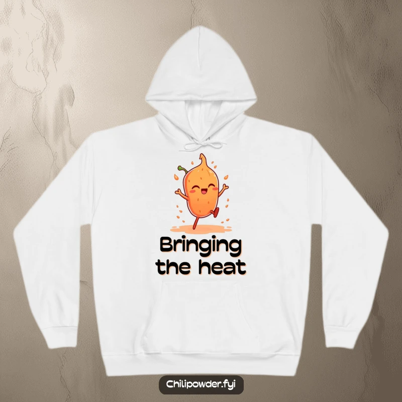 Funny hoodie showcasing a chili powder character with tiny legs in a spirited, fiery dance, perfect for cozy heat.
