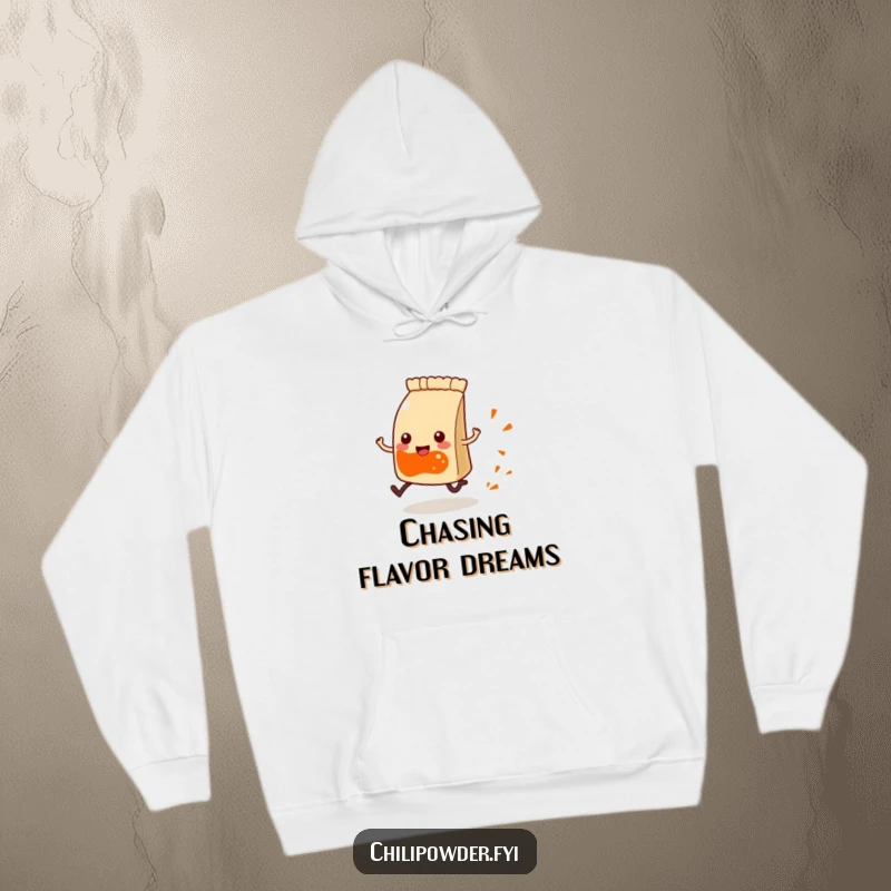 Funny Kawaii chili powder pouch with tiny legs, happily running and leaving a spice trail, cozy humorous hoodie.