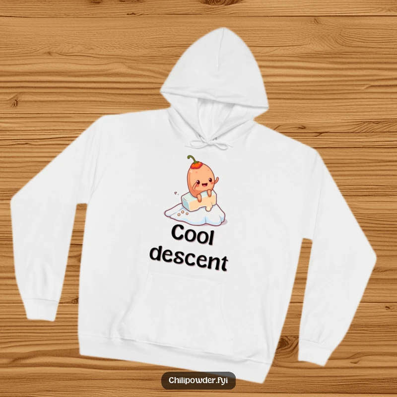 Funny Kawaii chili powder character joyfully rides a melting ice cube down a slope, a hilarious and cozy hoodie.