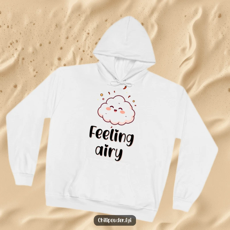 Cozy funny chili powder cloud giggling and floating design on a hoodie, radiating warmth and happiness.
