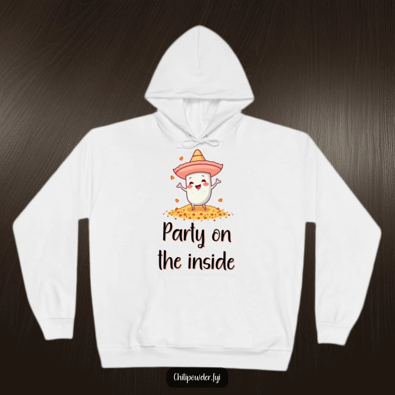 Funny chili powder hoodie with a tiny sombrero, dressed for energetic dancing, providing cozy festive warmth.