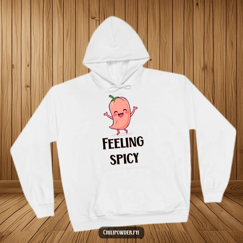 Funny Kawaii chili powder character doing a delightful jig, a cozy and humorous hoodie for all.