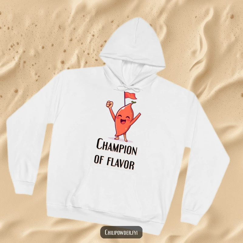 Funny chili powder hoodie depicting a triumphant character with raised arms and a tiny flag, offering cozy celebration.