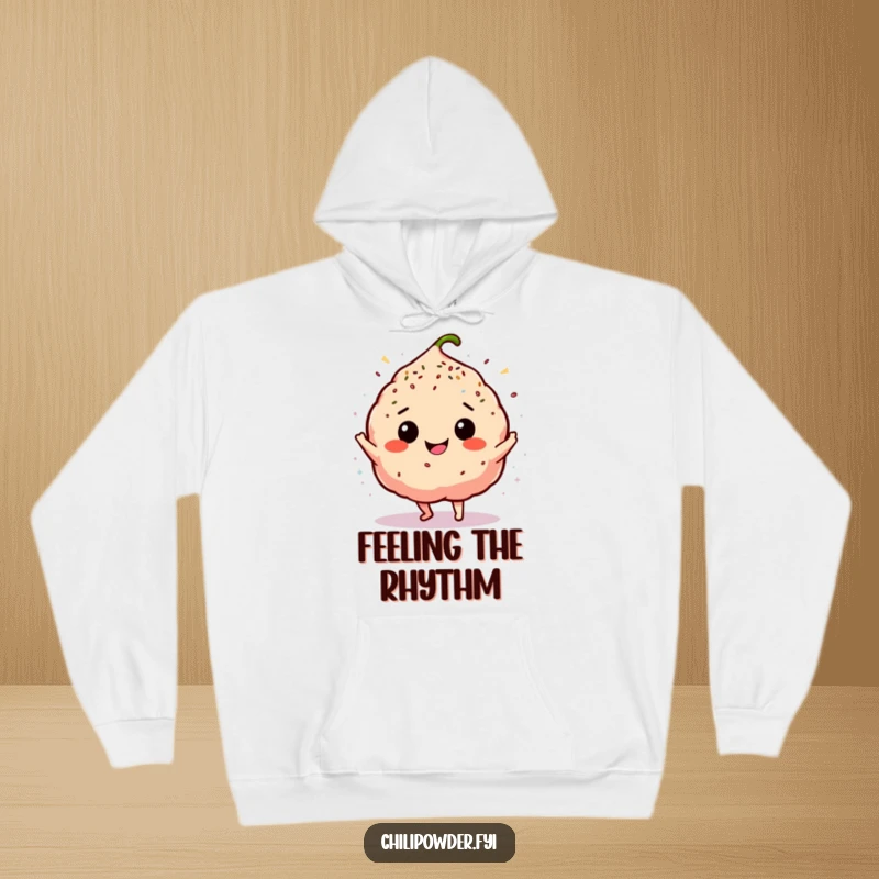 Funny chili powder puff doing a silly happy dance, showered in sprinkles, featured on a cozy hoodie.