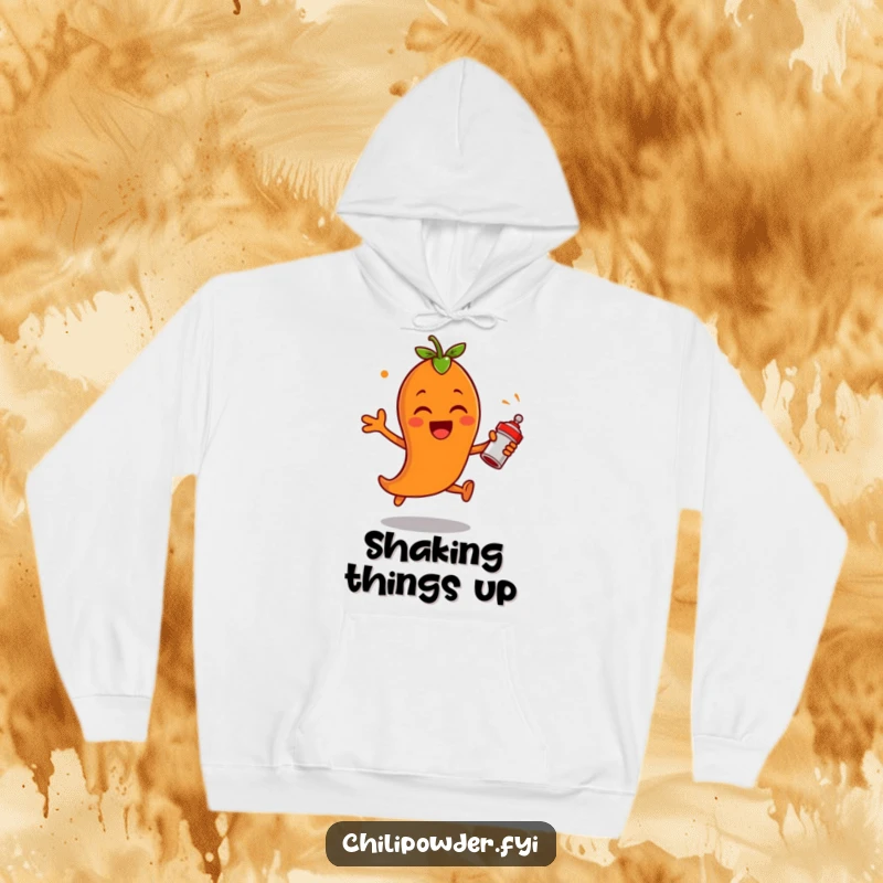 Funny chili powder character leaping with excitement, shaking a tiny spice shaker on a hoodie, radiating warmth and energetic spice.