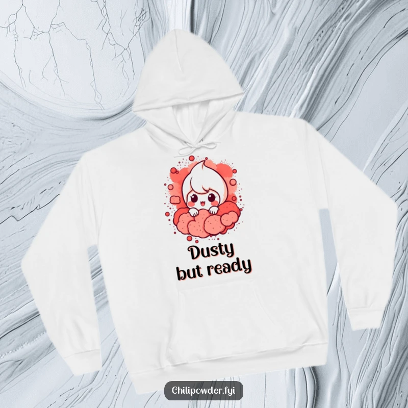 Funny Chili Powder Peek Hoodie: A chili powder character peeking from red powder, printed on a cozy hoodie for humorous effect.
