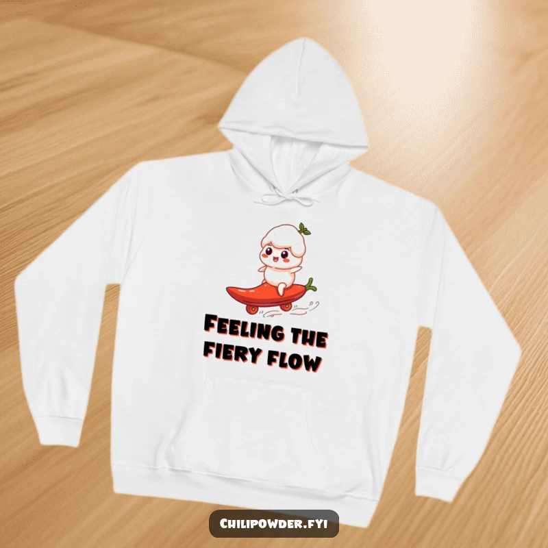 Funny chili powder puff, styled as a surfer, riding a giant rolling pepper on a cozy hoodie, depicting pure joy.
