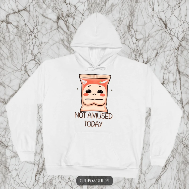 Funny chili powder hoodie featuring a spice bag character with crossed arms, making a pouting face, perfect for comfortable sass.