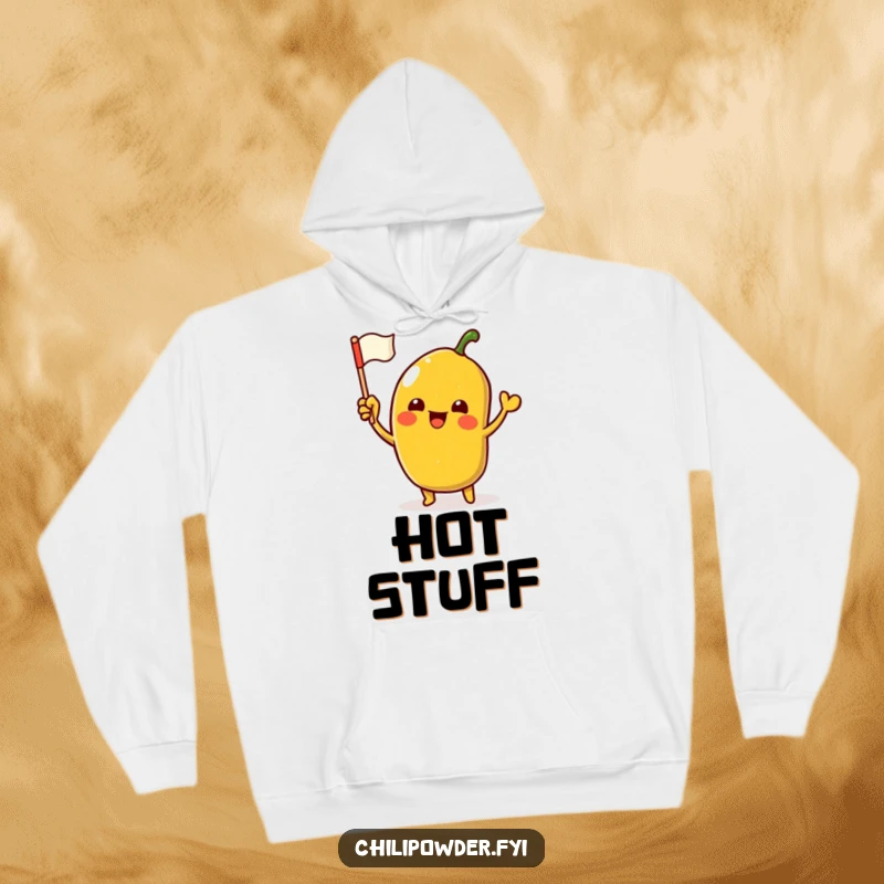 Funny Hoodie featuring an excited kawaii chili powder character waving a tiny flag, offering warm, spicy humor.